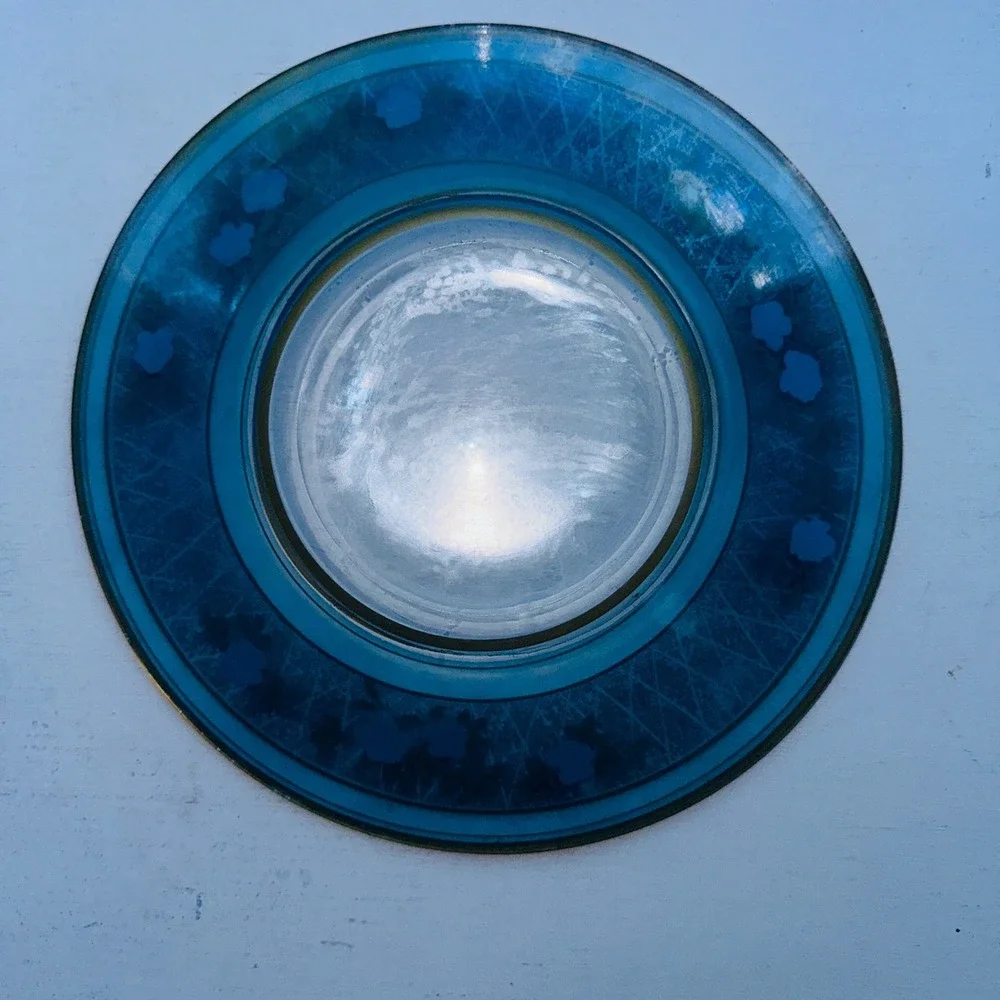 Vintage Blue Glass Plate Pink Rose Floral Hand Painted Gold Trim Lattice Rim